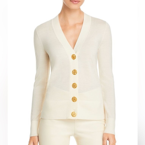 Tory Burch Sweaters - Tory burch white long sleeve v-neck gold bottoms simon cardigan